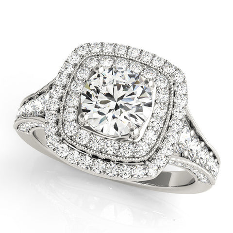 White gold Cushion Halo Round Diamond Split Shank Prong Setting Ring