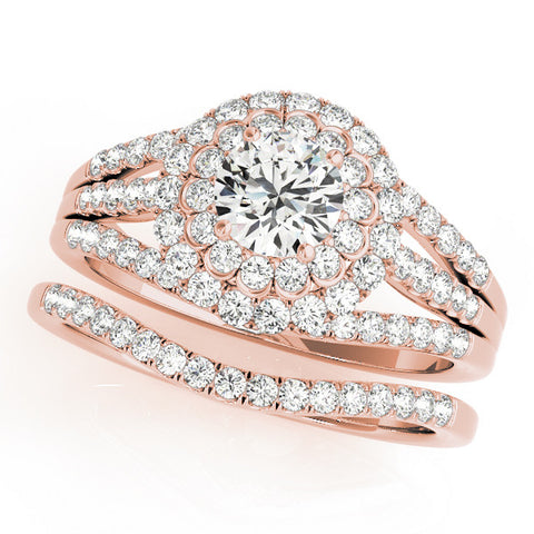 Rose gold Double Halo Round Diamond Split Shank Pave Set Ring