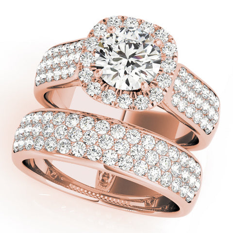 Rose gold Cushion Halo Round Diamond Pave Band with Prong Setting