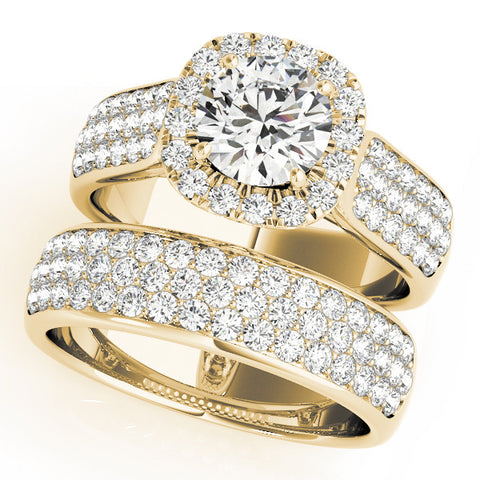 Yellow gold Cushion Halo Round Diamond Pave Band with Prong Setting