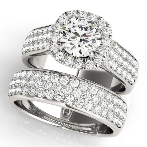 White gold Cushion Halo Round Diamond Pave Band with Prong Setting