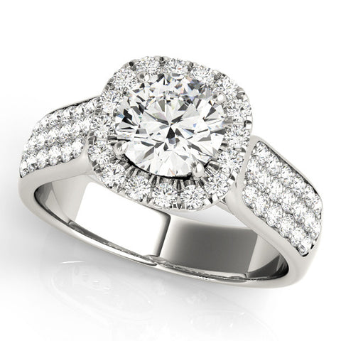 White gold Cushion Halo Round Diamond Pave Band with Prong Setting