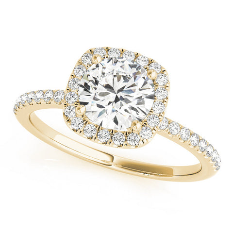 Yellow gold Cushion Halo Round Diamond Pavé Band Four-Prong Ring