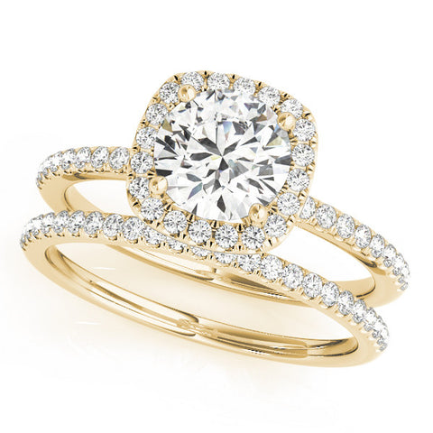 Yellow gold Cushion Halo Round Diamond Pavé Band Four-Prong Ring