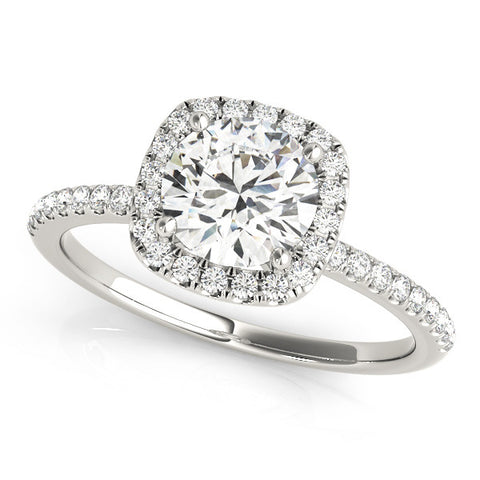 White gold Cushion Halo Round Diamond Pavé Band Four-Prong Ring