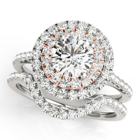 Rose gold Double Halo Round Diamond Pave Band with Four-Prong Setting