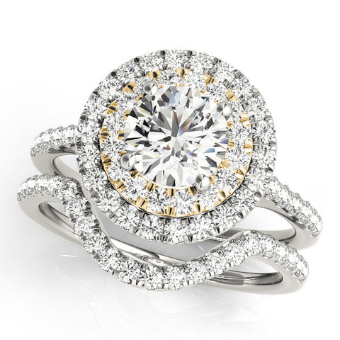 Yellow gold Double Halo Round Diamond Pave Band with Four-Prong Setting