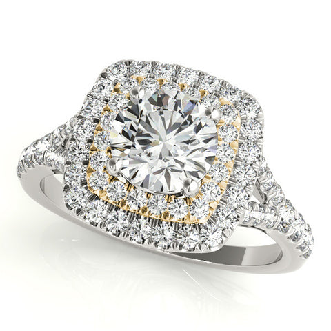 Yellow gold Double Halo Round Cut Pave Split Shank Prong Set Ring