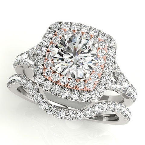 Rose gold Double Halo Round Cut Pave Split Shank Prong Set Ring
