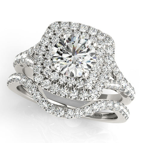 White gold Double Halo Round Cut Pave Split Shank Prong Set Ring