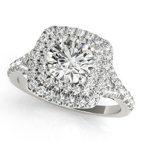 White gold Double Halo Round Cut Pave Split Shank Prong Set Ring
