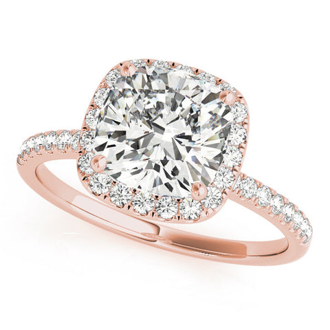 Rose gold Cushion Cut Halo Diamond Engagement Ring with Pave Band and Four-Prong Setting