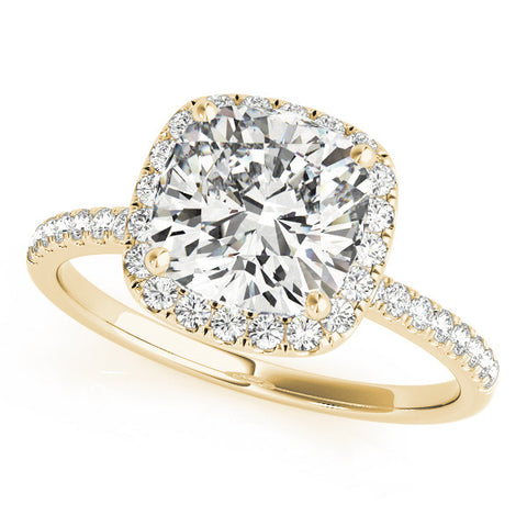 Yellow gold Cushion Cut Halo Diamond Engagement Ring with Pave Band and Four-Prong Setting