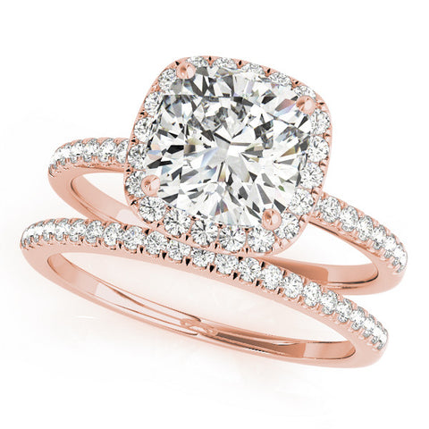 Rose gold Cushion Cut Halo Diamond Engagement Ring with Pave Band and Four-Prong Setting