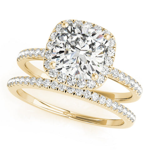 Yellow gold Cushion Cut Halo Diamond Engagement Ring with Pave Band and Four-Prong Setting