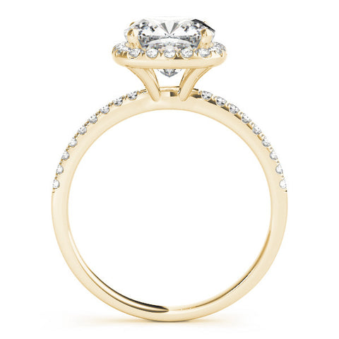 Yellow gold Cushion Cut Halo Diamond Engagement Ring with Pave Band and Four-Prong Setting