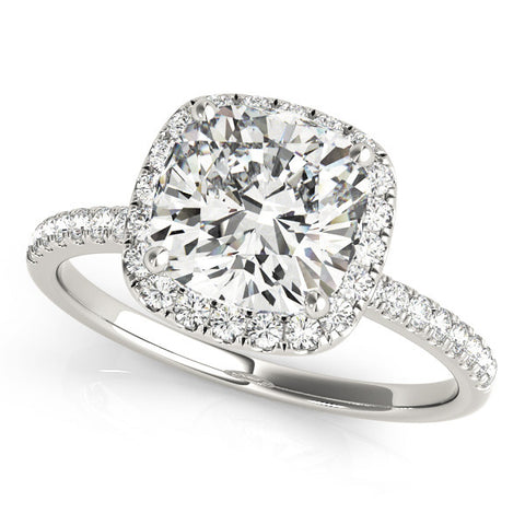 White gold Cushion Cut Halo Diamond Engagement Ring with Pave Band and Four-Prong Setting