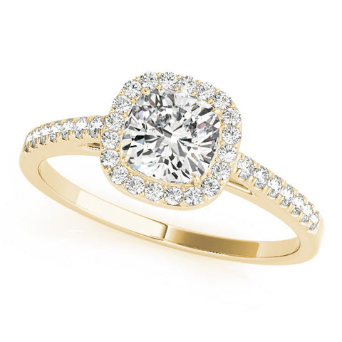 Yellow gold Cushion Halo Pave Diamond Engagement Ring with Four-Prong Setting