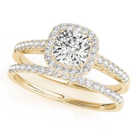 Yellow gold Cushion Halo Pave Diamond Engagement Ring with Four-Prong Setting