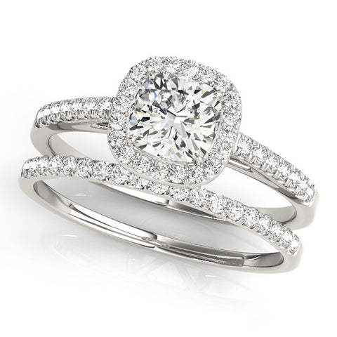 White gold Cushion Halo Pave Diamond Engagement Ring with Four-Prong Setting