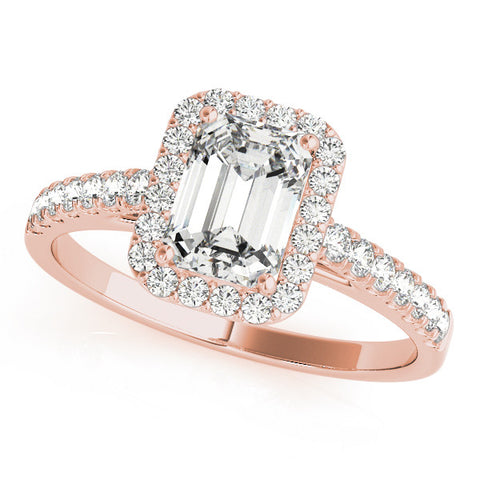 Rose gold Emerald Cut Halo Diamond Engagement Ring with Pave Band and Four-Prong Setting
