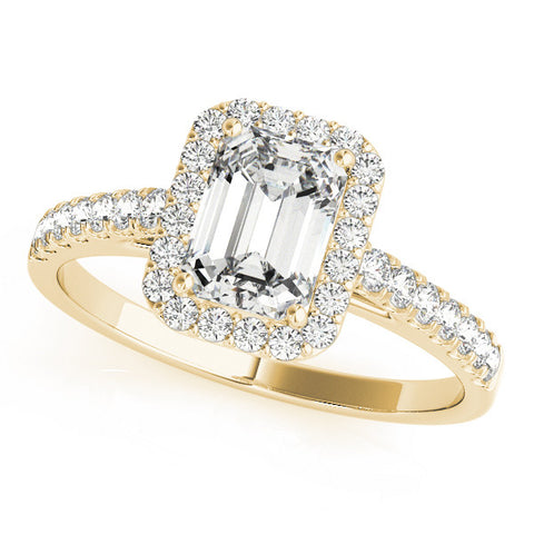 Yellow gold Emerald Cut Halo Diamond Engagement Ring with Pave Band and Four-Prong Setting