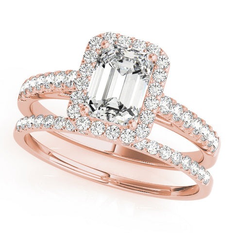Rose gold Emerald Cut Halo Diamond Engagement Ring with Pave Band and Four-Prong Setting