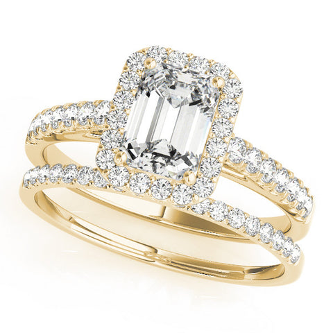 Yellow gold Emerald Cut Halo Diamond Engagement Ring with Pave Band and Four-Prong Setting