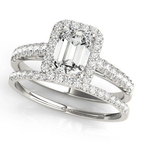 White gold Emerald Cut Halo Diamond Engagement Ring with Pave Band and Four-Prong Setting