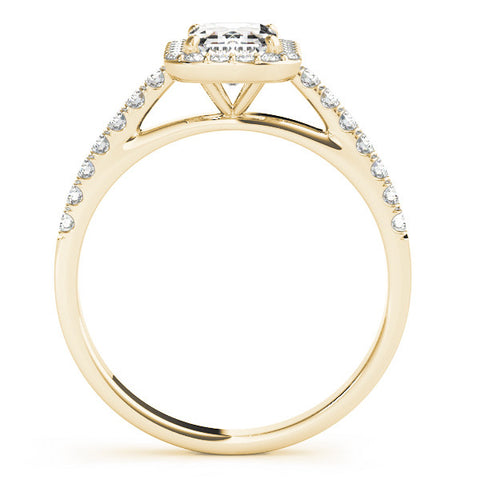 Yellow gold Emerald Cut Halo Diamond Engagement Ring with Pave Band and Four-Prong Setting