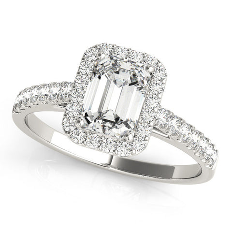 White gold Emerald Cut Halo Diamond Engagement Ring with Pave Band and Four-Prong Setting
