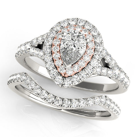 Rose gold Double Halo Pear-Shaped Split Shank Diamond Ring with Prong Setting