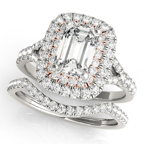 Rose gold Double Halo Emerald Cut Diamond Split Shank Ring with Four Prong Setting