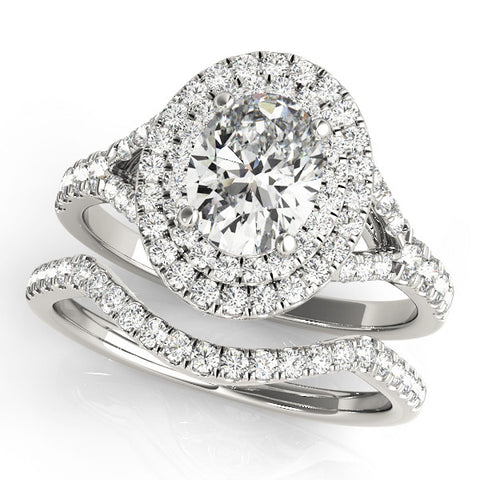 White gold Double Halo Oval Cut Split Shank Diamond Ring with Four-Prong Setting