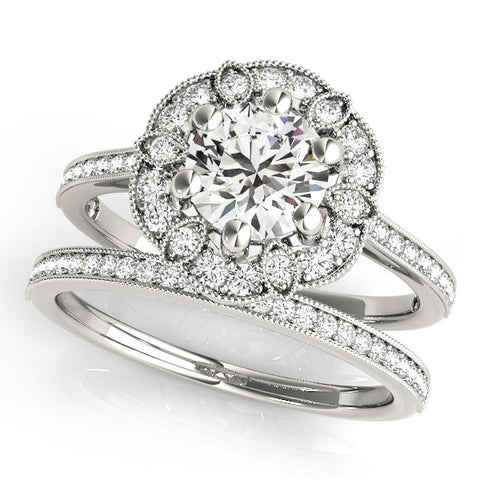 White gold Round Halo Diamond Ring with Milgrain Pave Band and Prong Setting