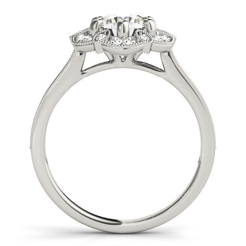 White gold Round Halo Diamond Ring with Milgrain Pave Band and Prong Setting