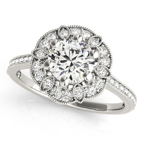 White gold Round Halo Diamond Ring with Milgrain Pave Band and Prong Setting