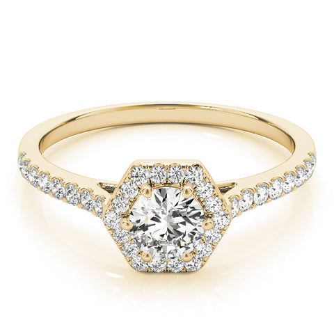 Yellow gold Hexagonal Halo Round Diamond Pavé Band with Four-Prong Setting