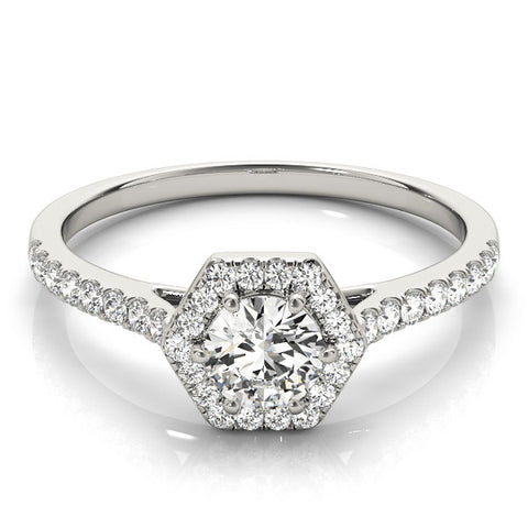 White gold Hexagonal Halo Round Diamond Pavé Band with Four-Prong Setting