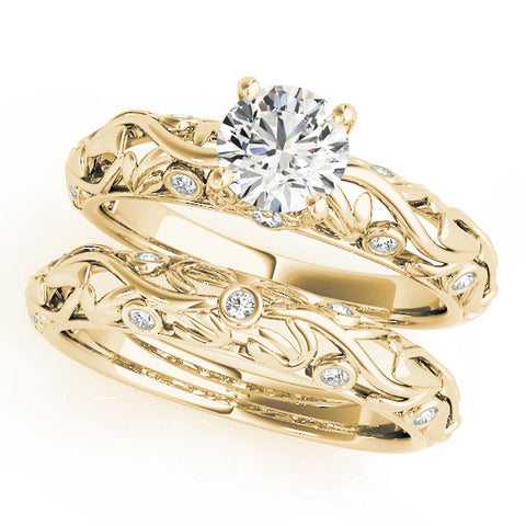 Yellow gold Round Solitaire Diamond Leaf Vine Band with Prong Setting