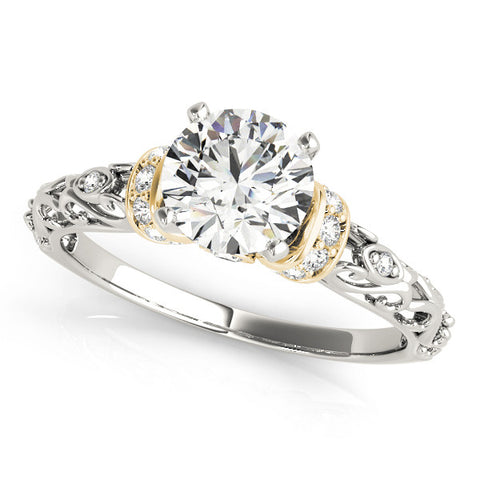 Yellow gold Round Solitaire Diamond Ring with Filigree Band and Four-Prong Setting