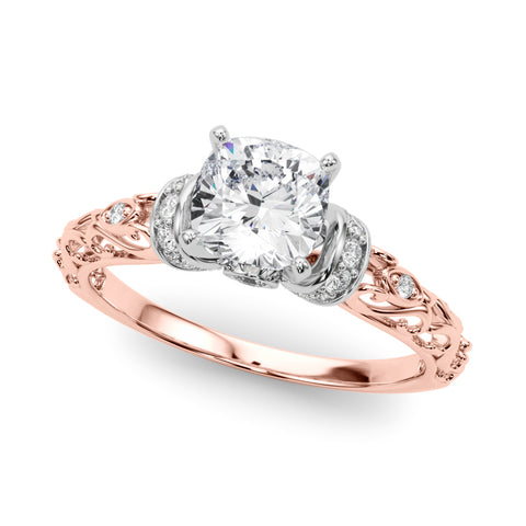 Rose gold Cushion Solitaire Diamond Ring with Filigree Band and Four-Prong Setting