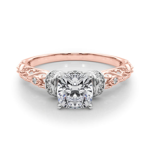 Rose gold Cushion Solitaire Diamond Ring with Filigree Band and Four-Prong Setting