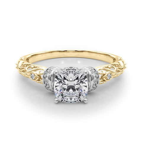 Yellow gold Cushion Solitaire Diamond Ring with Filigree Band and Four-Prong Setting