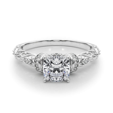 White gold Cushion Solitaire Diamond Ring with Filigree Band and Four-Prong Setting