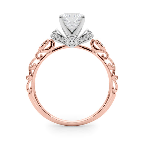 Rose gold Cushion Solitaire Diamond Ring with Filigree Band and Four-Prong Setting