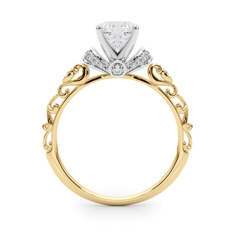 Yellow gold Cushion Solitaire Diamond Ring with Filigree Band and Four-Prong Setting