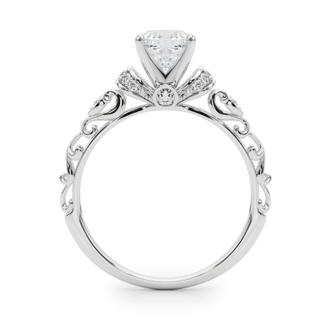 White gold Cushion Solitaire Diamond Ring with Filigree Band and Four-Prong Setting