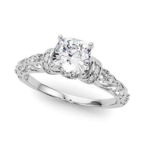 White gold Cushion Solitaire Diamond Ring with Filigree Band and Four-Prong Setting