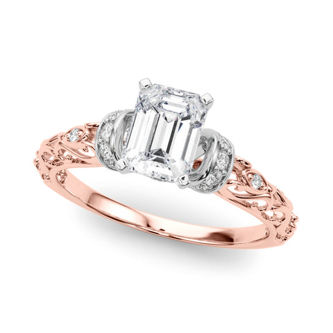 Rose gold Emerald Solitaire Diamond Ring with Filigree Band and Four-Prong Setting